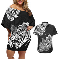 Polynesian Couples Matching Off Shoulder Short Dress and Hawaiian Shirt Pacific Flower Mix Floral Tribal Tattoo Black Vibe LT9 Black - Polynesian Pride
