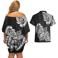 Polynesian Couples Matching Off Shoulder Short Dress and Hawaiian Shirt Pacific Flower Mix Floral Tribal Tattoo Black Vibe LT9 - Polynesian Pride
