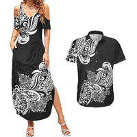 Polynesian Couples Matching Summer Maxi Dress and Hawaiian Shirt Pacific Flower Mix Floral Tribal Tattoo Black Vibe LT9 Black - Polynesian Pride