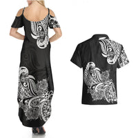 Polynesian Couples Matching Summer Maxi Dress and Hawaiian Shirt Pacific Flower Mix Floral Tribal Tattoo Black Vibe LT9 - Polynesian Pride