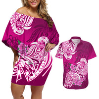 Polynesian Couples Matching Off Shoulder Short Dress and Hawaiian Shirt Pacific Flower Mix Floral Tribal Tattoo Pink Vibe LT9 Pink - Polynesian Pride