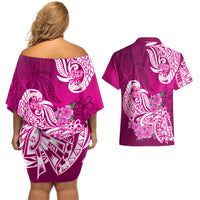 Polynesian Couples Matching Off Shoulder Short Dress and Hawaiian Shirt Pacific Flower Mix Floral Tribal Tattoo Pink Vibe LT9 - Polynesian Pride