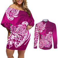 Polynesian Couples Matching Off Shoulder Short Dress and Long Sleeve Button Shirts Pacific Flower Mix Floral Tribal Tattoo Pink Vibe LT9 Pink - Polynesian Pride