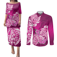 Polynesian Couples Matching Puletasi Dress and Long Sleeve Button Shirts Pacific Flower Mix Floral Tribal Tattoo Pink Vibe LT9 Pink - Polynesian Pride
