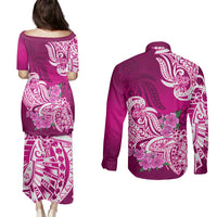 Polynesian Couples Matching Puletasi Dress and Long Sleeve Button Shirts Pacific Flower Mix Floral Tribal Tattoo Pink Vibe LT9 - Polynesian Pride