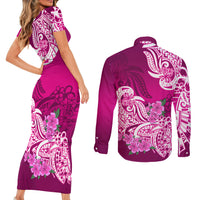 Polynesian Couples Matching Short Sleeve Bodycon Dress and Long Sleeve Button Shirts Pacific Flower Mix Floral Tribal Tattoo Pink Vibe LT9 - Polynesian Pride