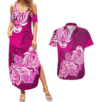 Polynesian Couples Matching Summer Maxi Dress and Hawaiian Shirt Pacific Flower Mix Floral Tribal Tattoo Pink Vibe LT9 Pink - Polynesian Pride