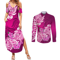Polynesian Couples Matching Summer Maxi Dress and Long Sleeve Button Shirts Pacific Flower Mix Floral Tribal Tattoo Pink Vibe LT9 Pink - Polynesian Pride