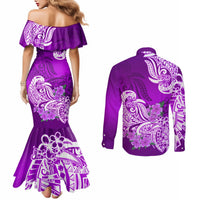 Polynesian Couples Matching Mermaid Dress and Long Sleeve Button Shirts Pacific Flower Mix Floral Tribal Tattoo Purple Vibe LT9 - Polynesian Pride