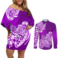 Polynesian Couples Matching Off Shoulder Short Dress and Long Sleeve Button Shirts Pacific Flower Mix Floral Tribal Tattoo Purple Vibe LT9 Purple - Polynesian Pride
