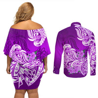 Polynesian Couples Matching Off Shoulder Short Dress and Long Sleeve Button Shirts Pacific Flower Mix Floral Tribal Tattoo Purple Vibe LT9 - Polynesian Pride