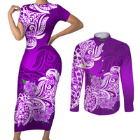 Polynesian Couples Matching Short Sleeve Bodycon Dress and Long Sleeve Button Shirts Pacific Flower Mix Floral Tribal Tattoo Purple Vibe LT9 Purple - Polynesian Pride