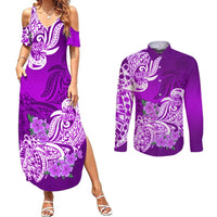 Polynesian Couples Matching Summer Maxi Dress and Long Sleeve Button Shirts Pacific Flower Mix Floral Tribal Tattoo Purple Vibe LT9 Purple - Polynesian Pride