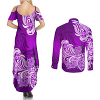 Polynesian Couples Matching Summer Maxi Dress and Long Sleeve Button Shirts Pacific Flower Mix Floral Tribal Tattoo Purple Vibe LT9 - Polynesian Pride
