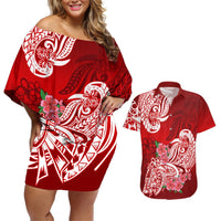 Polynesian Couples Matching Off Shoulder Short Dress and Hawaiian Shirt Pacific Flower Mix Floral Tribal Tattoo Red Vibe LT9 Red - Polynesian Pride