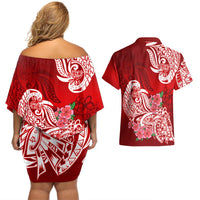 Polynesian Couples Matching Off Shoulder Short Dress and Hawaiian Shirt Pacific Flower Mix Floral Tribal Tattoo Red Vibe LT9 - Polynesian Pride