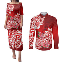 Polynesian Couples Matching Puletasi Dress and Long Sleeve Button Shirts Pacific Flower Mix Floral Tribal Tattoo Red Vibe LT9 Red - Polynesian Pride