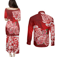 Polynesian Couples Matching Puletasi Dress and Long Sleeve Button Shirts Pacific Flower Mix Floral Tribal Tattoo Red Vibe LT9 - Polynesian Pride