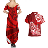 Polynesian Couples Matching Summer Maxi Dress and Hawaiian Shirt Pacific Flower Mix Floral Tribal Tattoo Red Vibe LT9 - Polynesian Pride
