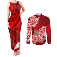 Polynesian Couples Matching Tank Maxi Dress and Long Sleeve Button Shirts Pacific Flower Mix Floral Tribal Tattoo Red Vibe LT9 Red - Polynesian Pride