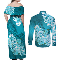 Polynesian Couples Matching Off Shoulder Maxi Dress and Long Sleeve Button Shirts Pacific Flower Mix Floral Tribal Tattoo Aqua Vibe LT9 - Polynesian Pride
