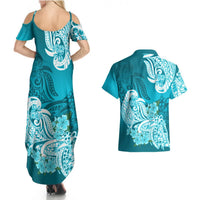 Polynesian Couples Matching Summer Maxi Dress and Hawaiian Shirt Pacific Flower Mix Floral Tribal Tattoo Aqua Vibe LT9 - Polynesian Pride