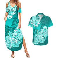 Polynesian Couples Matching Summer Maxi Dress and Hawaiian Shirt Pacific Flower Mix Floral Tribal Tattoo Turquoise Vibe LT9 Turquoise - Polynesian Pride