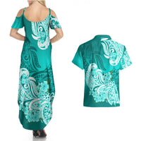 Polynesian Couples Matching Summer Maxi Dress and Hawaiian Shirt Pacific Flower Mix Floral Tribal Tattoo Turquoise Vibe LT9 - Polynesian Pride