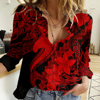 Aloha Hawaii Women Casual Shirt Hammerhead Shark Tattoo Polynesian Summer - Red LT9 Female Red - Polynesian Pride