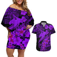 Aloha Hawaii Couples Matching Off Shoulder Short Dress and Hawaiian Shirt Hammerhead Shark Tattoo Polynesian Summer - Violet LT9 Violet - Polynesian Pride
