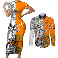 Fiji Australia Rugby Couples Matching Short Sleeve Bodycon Dress and Long Sleeve Button Shirts World Cup 2023 Polynesia Tapa Mixed Indigenous Aboriginal LT9 Gold - Polynesian Pride