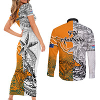 Fiji Australia Rugby Couples Matching Short Sleeve Bodycon Dress and Long Sleeve Button Shirts World Cup 2023 Polynesia Tapa Mixed Indigenous Aboriginal LT9 - Polynesian Pride