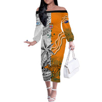 Fiji Australia Rugby Family Matching Off Shoulder Long Sleeve Dress and Hawaiian Shirt World Cup 2023 Polynesia Tapa Mixed Indigenous Aboriginal LT9 Mom's Dress Gold - Polynesian Pride