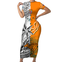 Fiji Australia Rugby Family Matching Short Sleeve Bodycon Dress and Hawaiian Shirt World Cup 2023 Polynesia Tapa Mixed Indigenous Aboriginal LT9 Mom's Dress Gold - Polynesian Pride