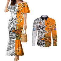 Personalised Fiji Australia Rugby Couples Matching Mermaid Dress and Long Sleeve Button Shirts World Cup 2023 Polynesia Tapa Mixed Indigenous Aboriginal LT9 Gold - Polynesian Pride