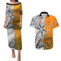 Personalised Fiji Australia Rugby Couples Matching Puletasi Dress and Hawaiian Shirt World Cup 2023 Polynesia Tapa Mixed Indigenous Aboriginal LT9 Gold - Polynesian Pride