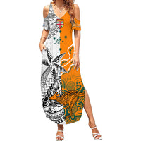 Personalised Fiji Australia Rugby Family Matching Summer Maxi Dress and Hawaiian Shirt World Cup 2023 Polynesia Tapa Mixed Indigenous Aboriginal LT9 Mom's Dress Gold - Polynesian Pride