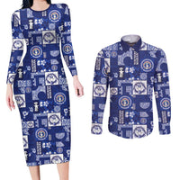 Northern Mariana Islands Magof Nochebuena Couples Matching Long Sleeve Bodycon Dress and Long Sleeve Button Shirt Pacific Patchwork Xmas Vibes LT9 Blue - Polynesian Pride