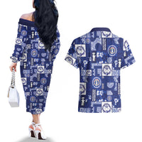 Northern Mariana Islands Magof Nochebuena Couples Matching Off The Shoulder Long Sleeve Dress and Hawaiian Shirt Pacific Patchwork Xmas Vibes LT9 - Polynesian Pride