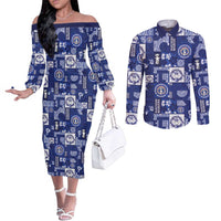 Northern Mariana Islands Magof Nochebuena Couples Matching Off The Shoulder Long Sleeve Dress and Long Sleeve Button Shirt Pacific Patchwork Xmas Vibes LT9 Blue - Polynesian Pride