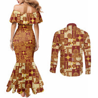 Rotuma Faiakse'ea 'e Kirisimasi Couples Matching Mermaid Dress and Long Sleeve Button Shirt Pacific Patchwork Xmas Vibes - Polynesian Pride