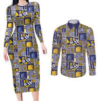 Tokelau Manuia te Kilihimahi Couples Matching Long Sleeve Bodycon Dress and Long Sleeve Button Shirt Pacific Patchwork Xmas Vibes - Polynesian Pride