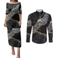 Polynesian Tribal Tattoo Couples Matching Puletasi and Long Sleeve Button Shirt Dark Marble Pattern