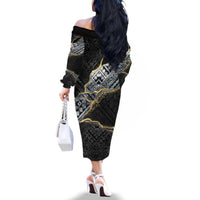 Polynesian Tribal Tattoo Family Matching Off The Shoulder Long Sleeve Dress and Hawaiian Shirt Dark Marble Pattern
