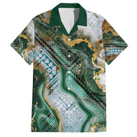 Polynesian Tribal Tattoo Family Matching Off Shoulder Maxi Dress and Hawaiian Shirt Green Marble Pattern