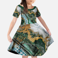 Polynesian Tribal Tattoo Family Matching Puletasi and Hawaiian Shirt Green Marble Pattern