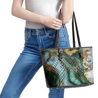 Polynesian Tribal Tattoo Leather Tote Bag Green Marble Pattern