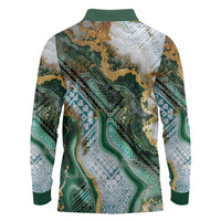 Polynesian Tribal Tattoo Long Sleeve Polo Shirt Green Marble Pattern