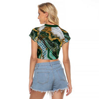 Polynesian Tribal Tattoo Raglan Cropped T Shirt Green Marble Pattern