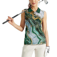 Polynesian Tribal Tattoo Women Sleeveless Polo Shirt Green Marble Pattern